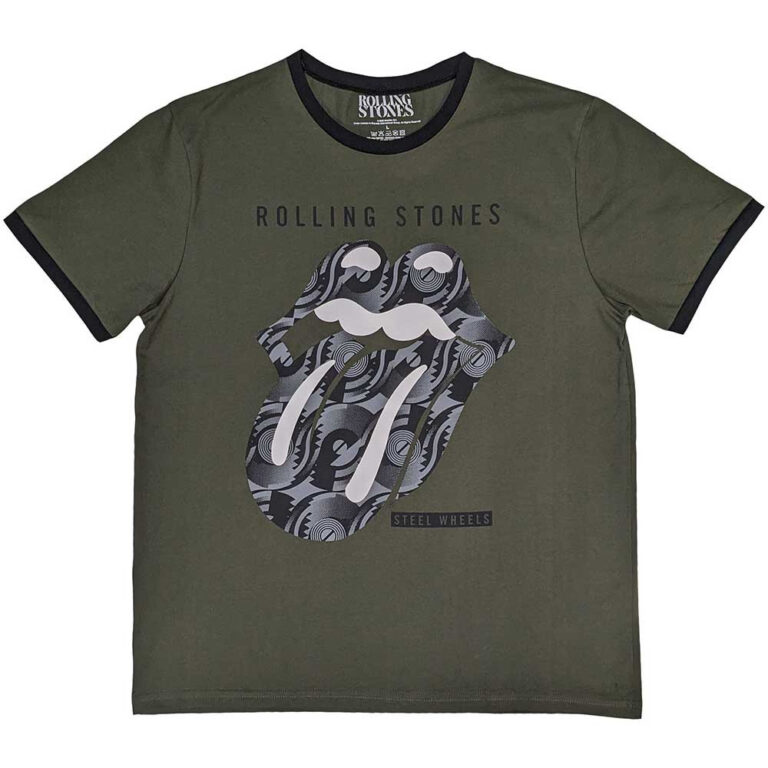 The Rolling Stones Black & White Tongue Khaki Green Ringer T-Shirt