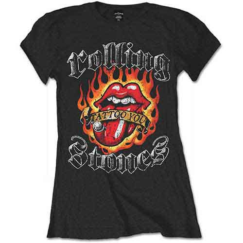 The Rolling Stones Flaming Tattoo Tongue Black Ladies T-Shirt