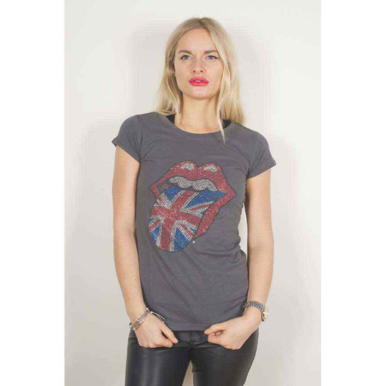 The Rolling Stones Classic UK Tongue Charcoal Grey Embellished Ladies T-Shirt
