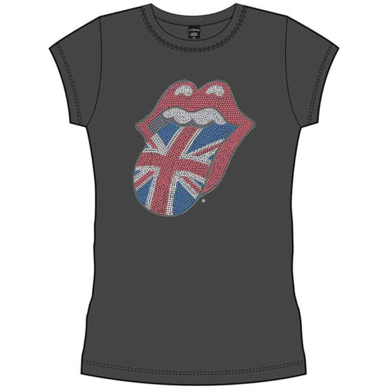 The Rolling Stones Classic UK Tongue Charcoal Grey Embellished Ladies T-Shirt