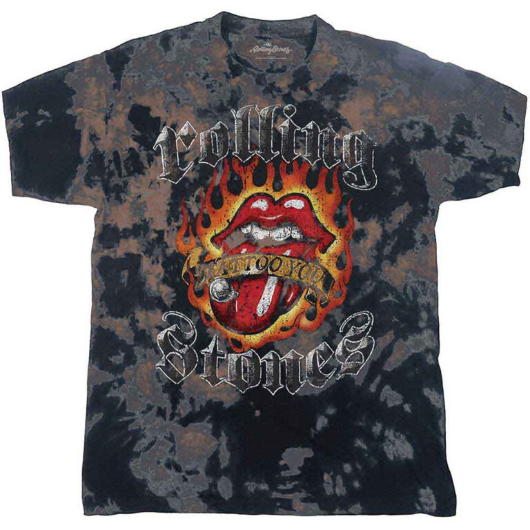 The Rolling Stones Tattoo Flames Dip-Dye On Grey Wash Collection T-Shirt