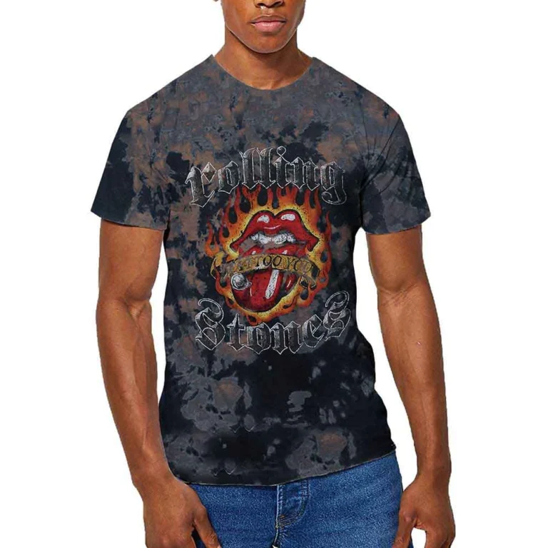 The Rolling Stones Tattoo Flames Dip-Dye On Grey Wash Collection T-Shirt