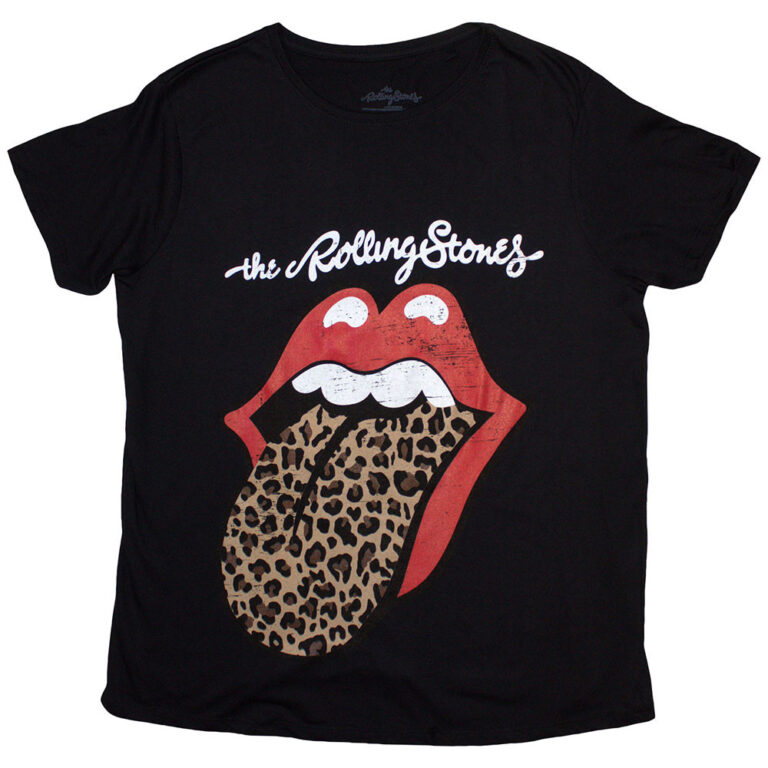 The Rolling Stones Leopard Print Tongue Black Ladies T-Shirt