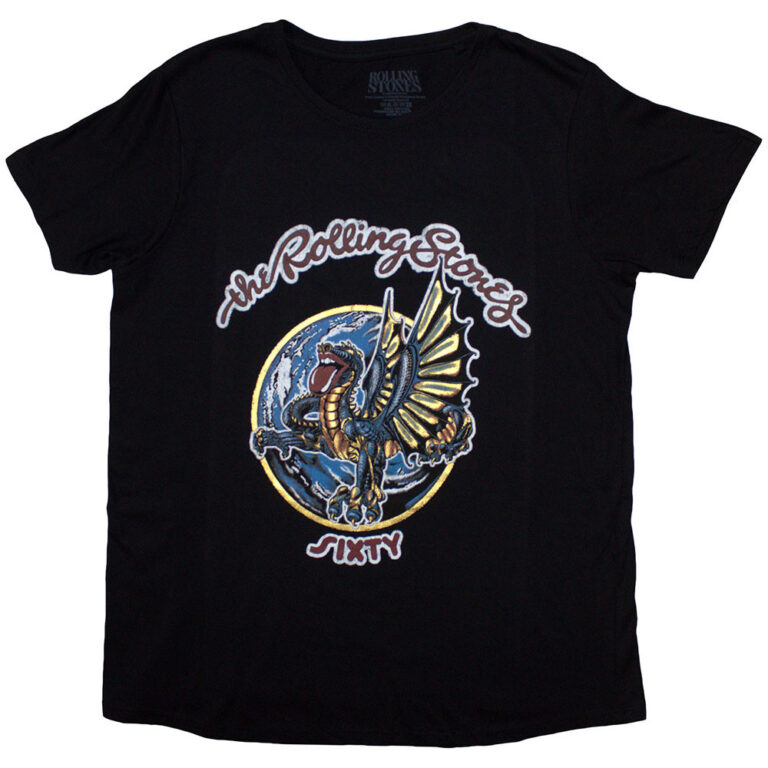 The Rolling Stones Sixty Dragon Globe Foiled Print Black Embellished Ladies T-Shirt
