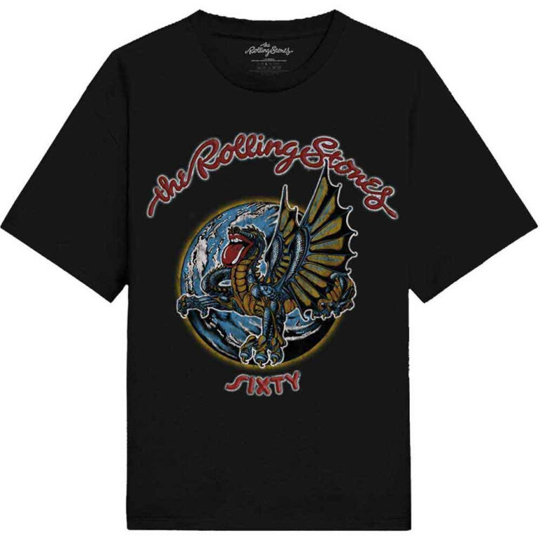 The Rolling Stones Sixty Dragon Globe Foiled Print Black Embellished Ladies T-Shirt