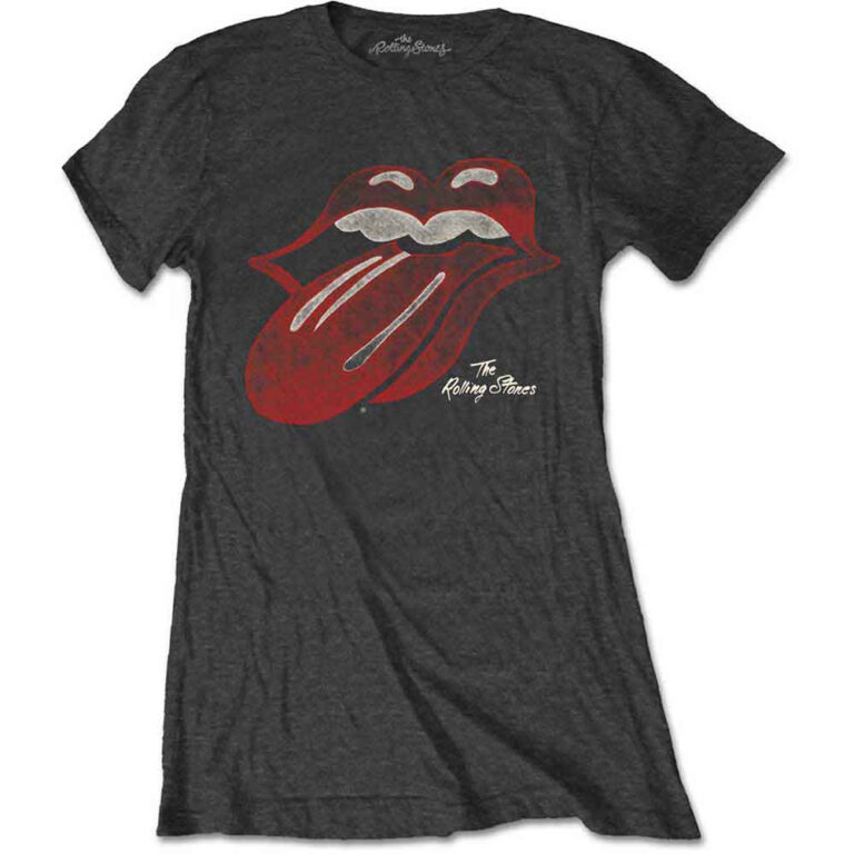 The Rolling Stones Vintage Tongue Logo Charcoal Grey Ladies T-Shirt