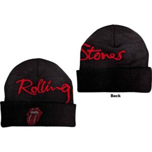 The Rolling Stones Unisex Embellished Classic Tongue Black Back Print Beanie Hat