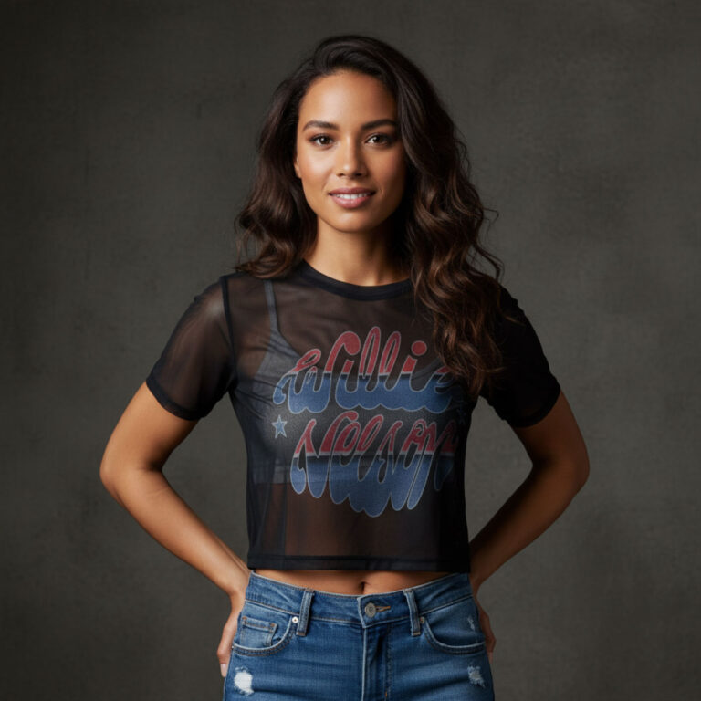 Willie Nelson Ladies Mesh Crop Top: Americana Navy Blue T-Shirt